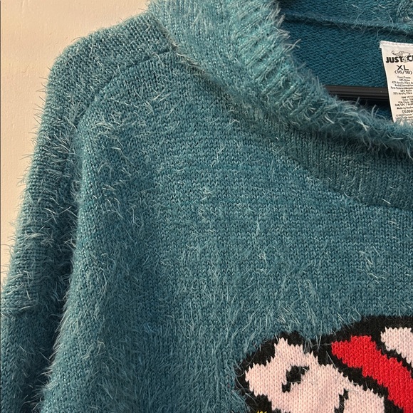 NWT PEANUTS X JUSTICE Teal Sweater Hoodie with Woodstock in Festive Cap, Sz S - Picture 2 of 8